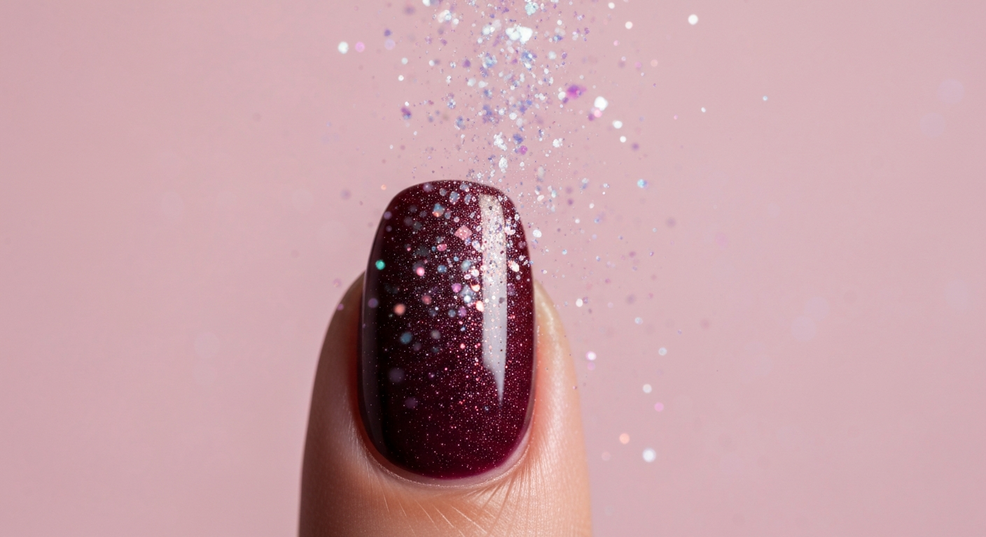 Macro poudre chrome irisée projetée sur un ongle laqué bordeaux