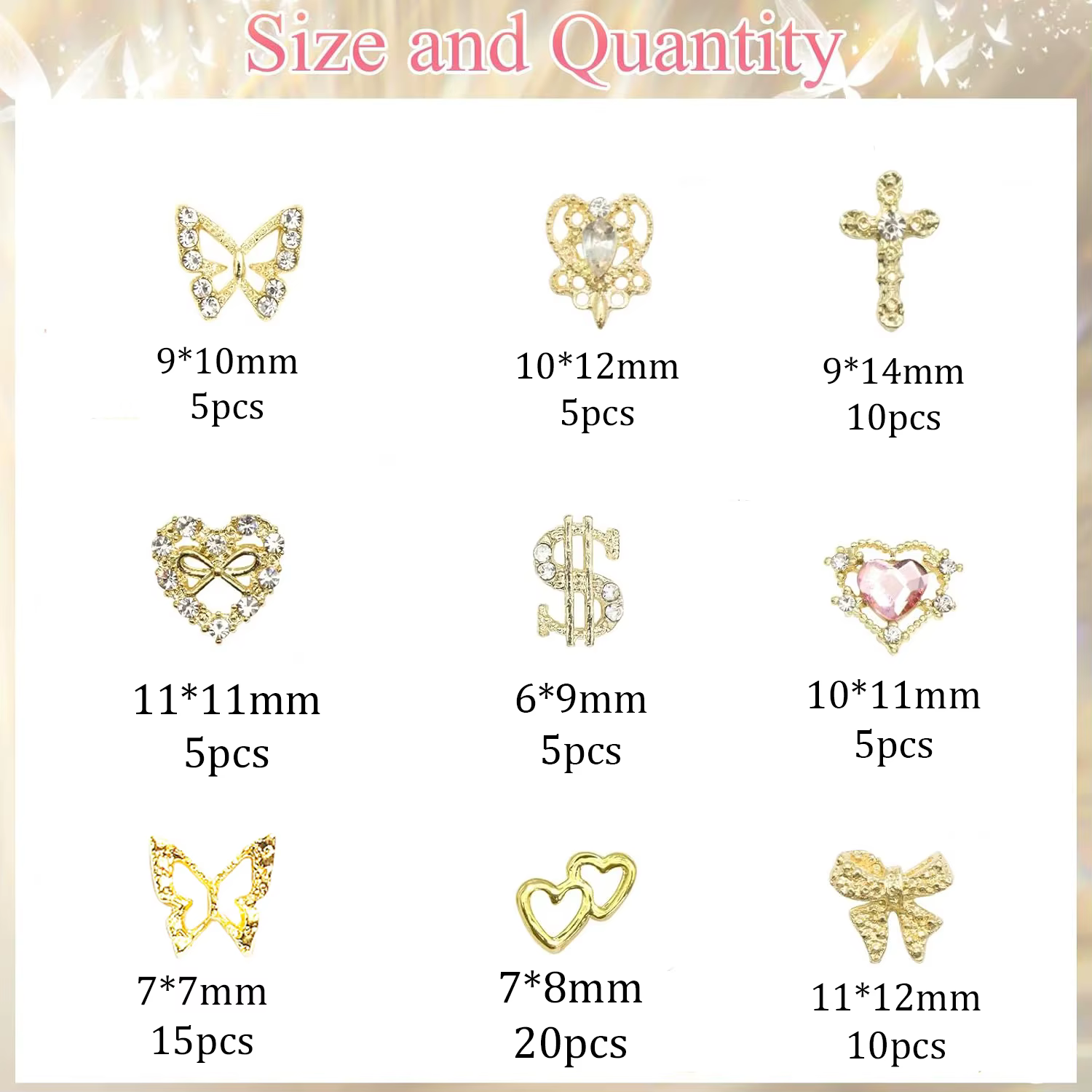 Breloques pour ongles en or, 12 formes, cœur doré, papillon 3D, croix en alliage d'or, signe d'argen