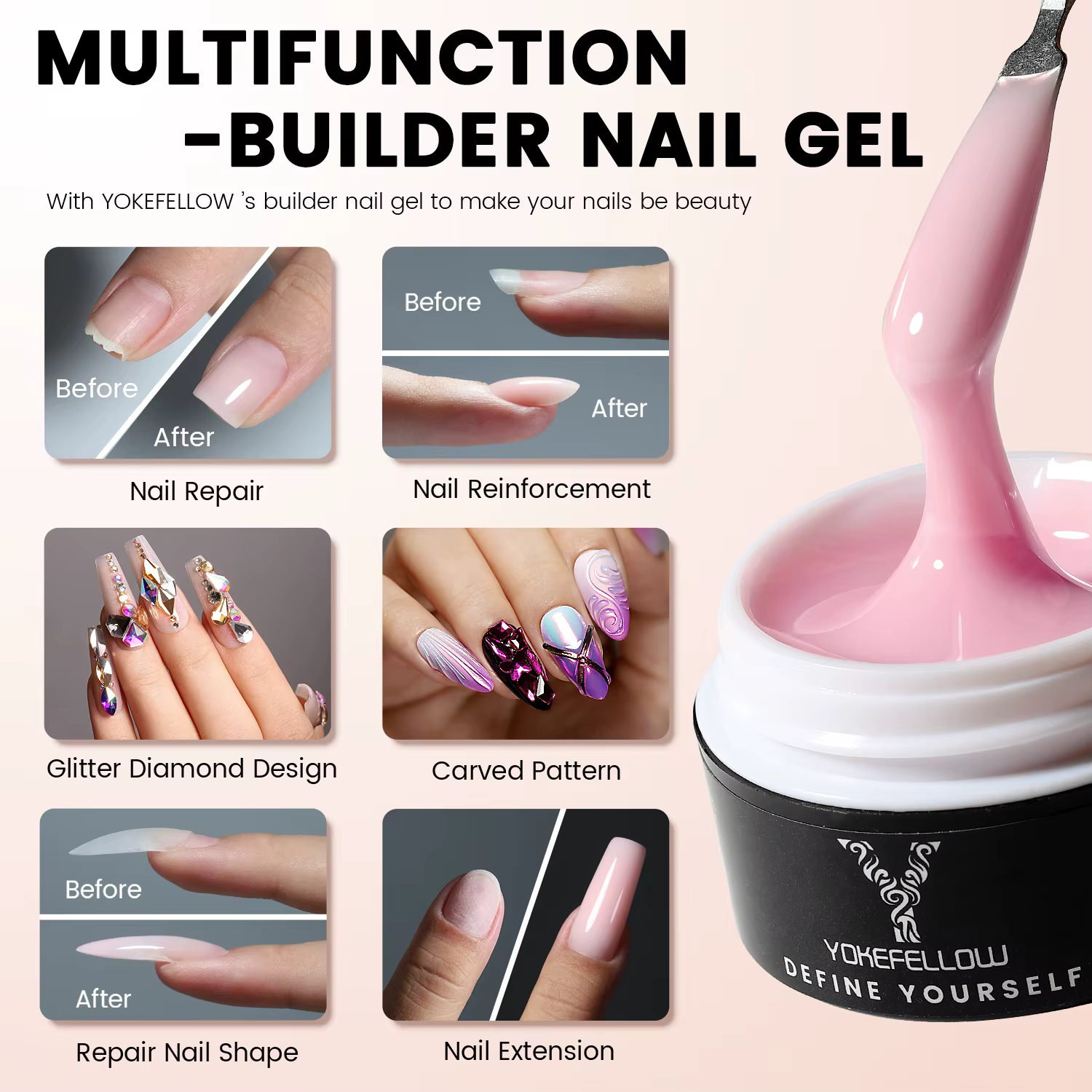 YOKEFELLOW 15g Extension pour Ongles  – Tenue longue durée, aspect naturel, gel pour extension d’ong