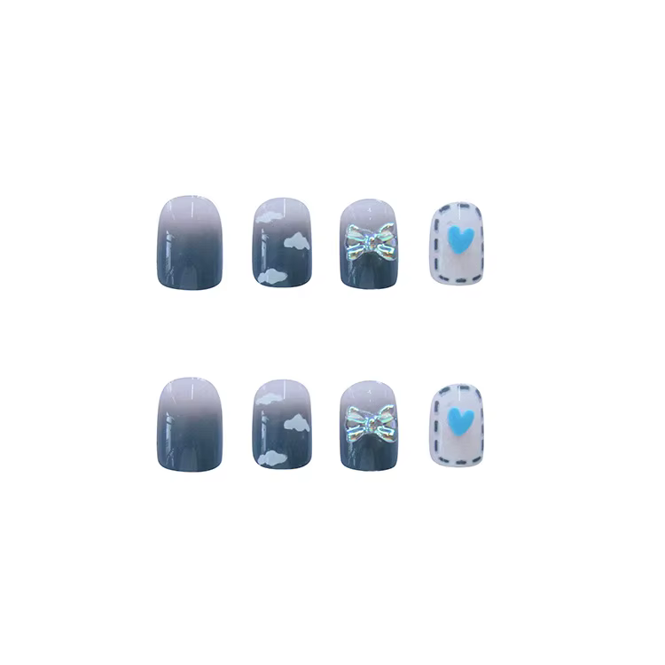Faux ongles courts, carrés et ronds, à paillettes bleues, couverture complète, accessoires et outils