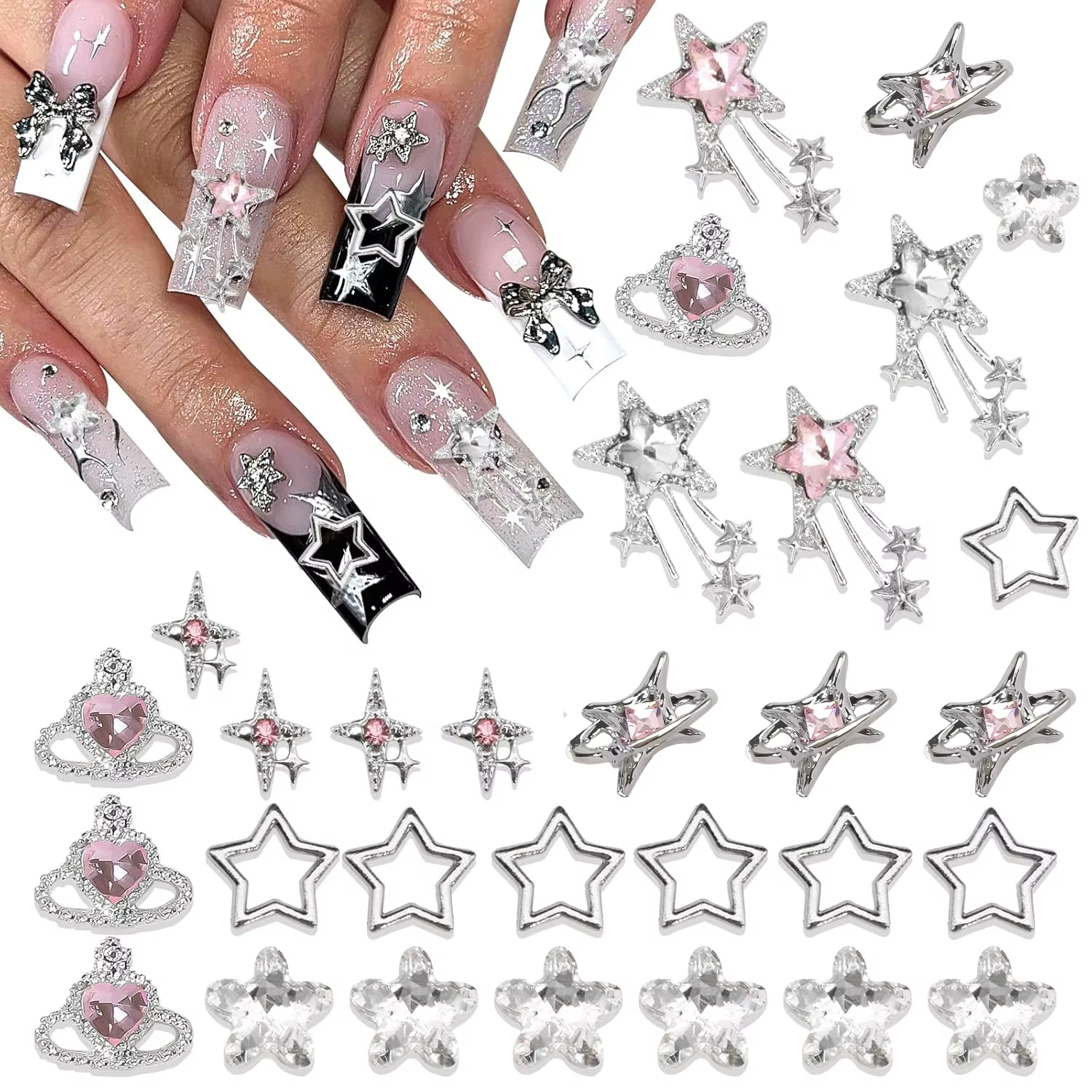 40 pièces étoile ongles breloques argent 3D étoile breloques rose ongles strass Multi Style Nail Art