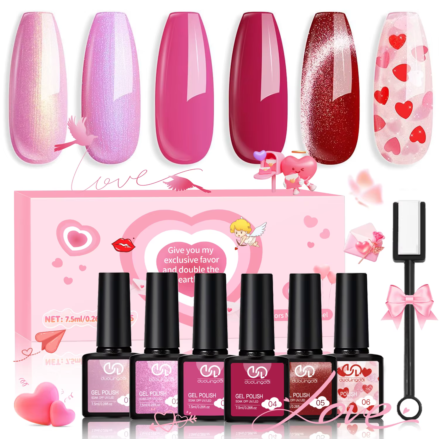 6 pièces de vernis à ongles en gel Winter Love Song, couleur de la Saint-Valentin, vernis à ongles e