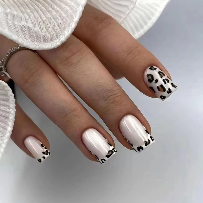 Faux ongles français courts, imprimé léopard, couverture complète, imperméable, amovible, à pression