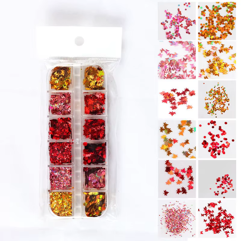 Paillettes Laser pour ongles, feuille d'érable d'automne, papillon, cœur Ultra-fin, couleur bonbon,