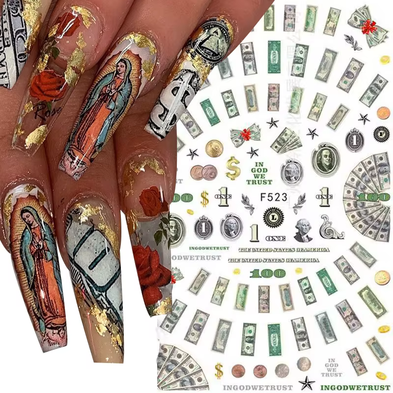 Autocollants 3D en forme de Dollar d'argent pour Nail Art, décalcomanies auto-adhésives de Style ric