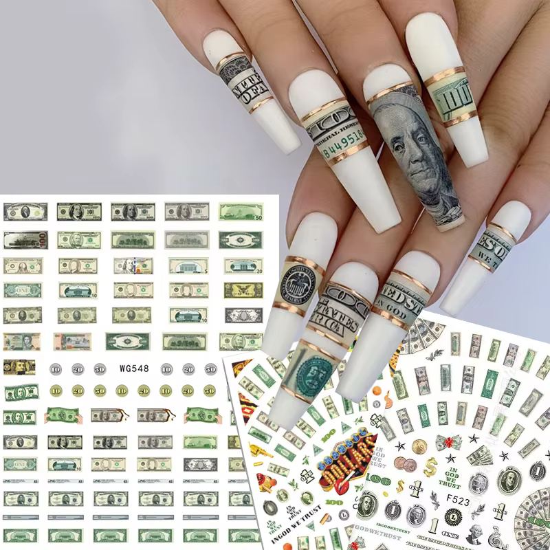 Autocollants 3D en forme de Dollar d'argent pour Nail Art, décalcomanies auto-adhésives de Style ric