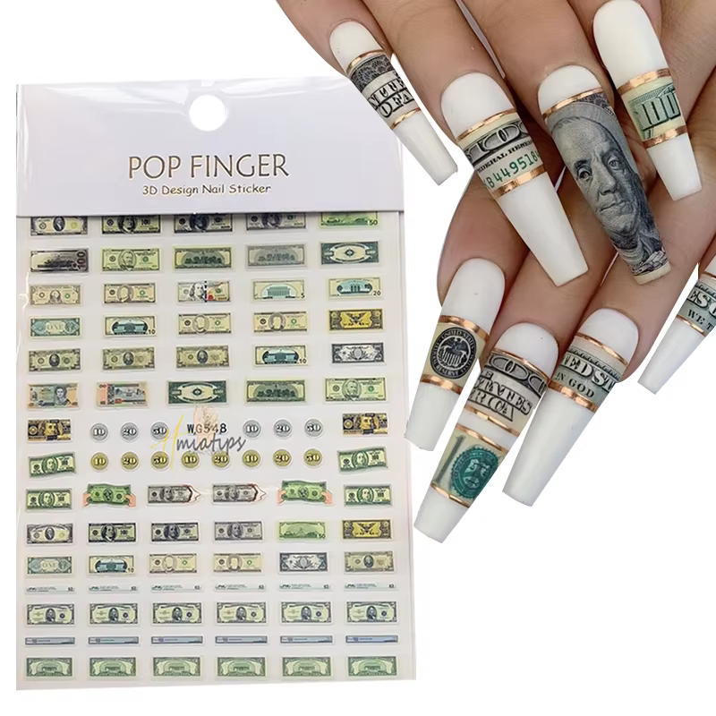 Autocollants 3D en forme de Dollar d'argent pour Nail Art, décalcomanies auto-adhésives de Style ric