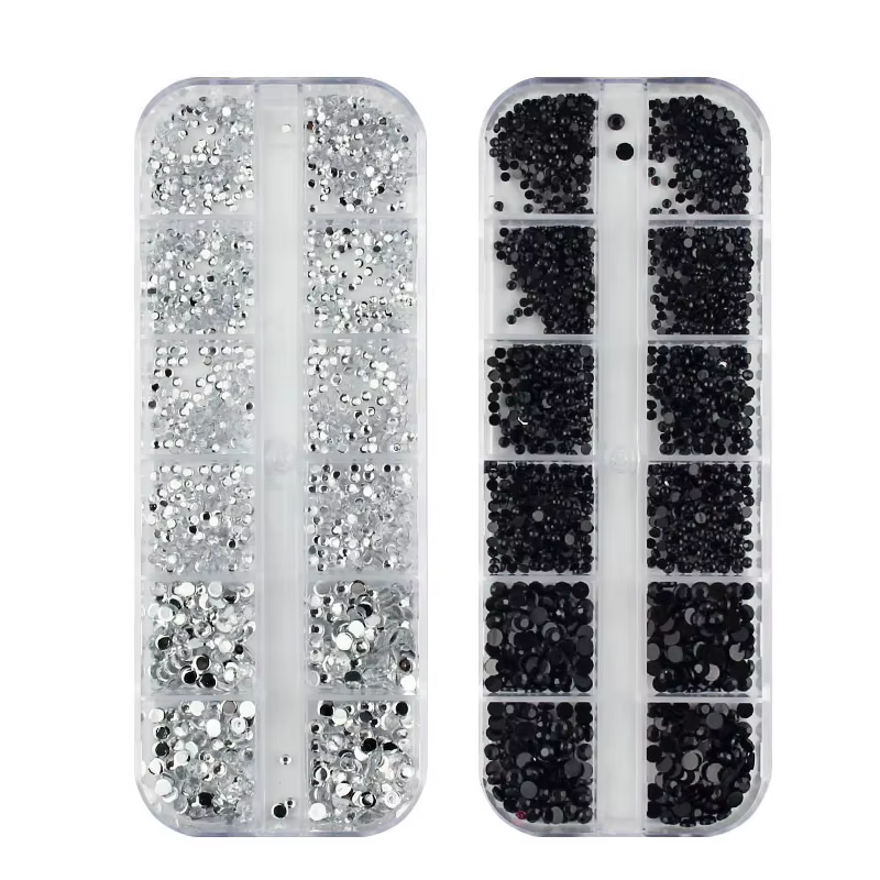 2 boîtes de strass pour Nail Art, couleurs assorties, argent, noir, rose, bleu, 1.5-3mm, paillettes