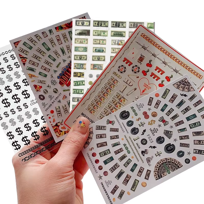 Autocollants 3D en forme de Dollar d'argent pour Nail Art, décalcomanies auto-adhésives de Style ric