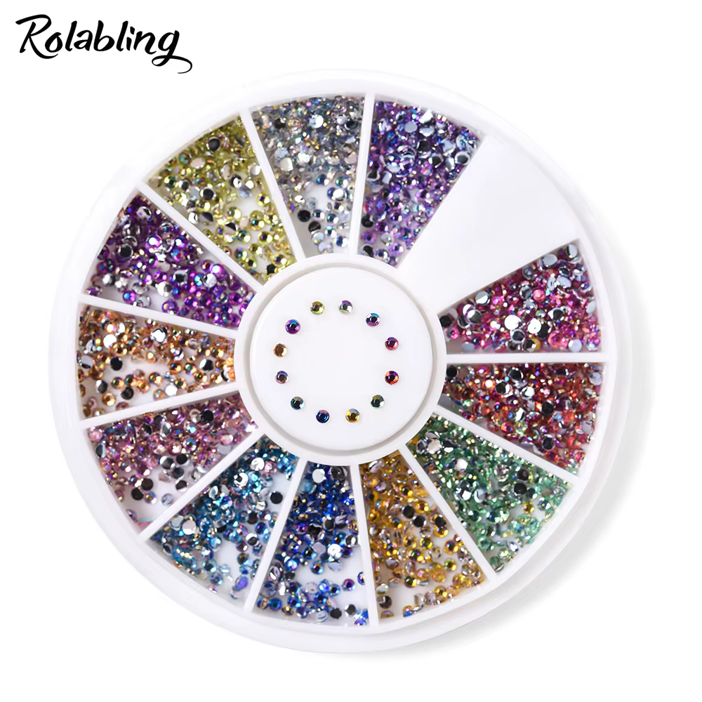 600 pièces/boîte 1.5mm forme ronde Nail Art strass 12 couleurs AB arc-en-ciel couleur paillettes cri