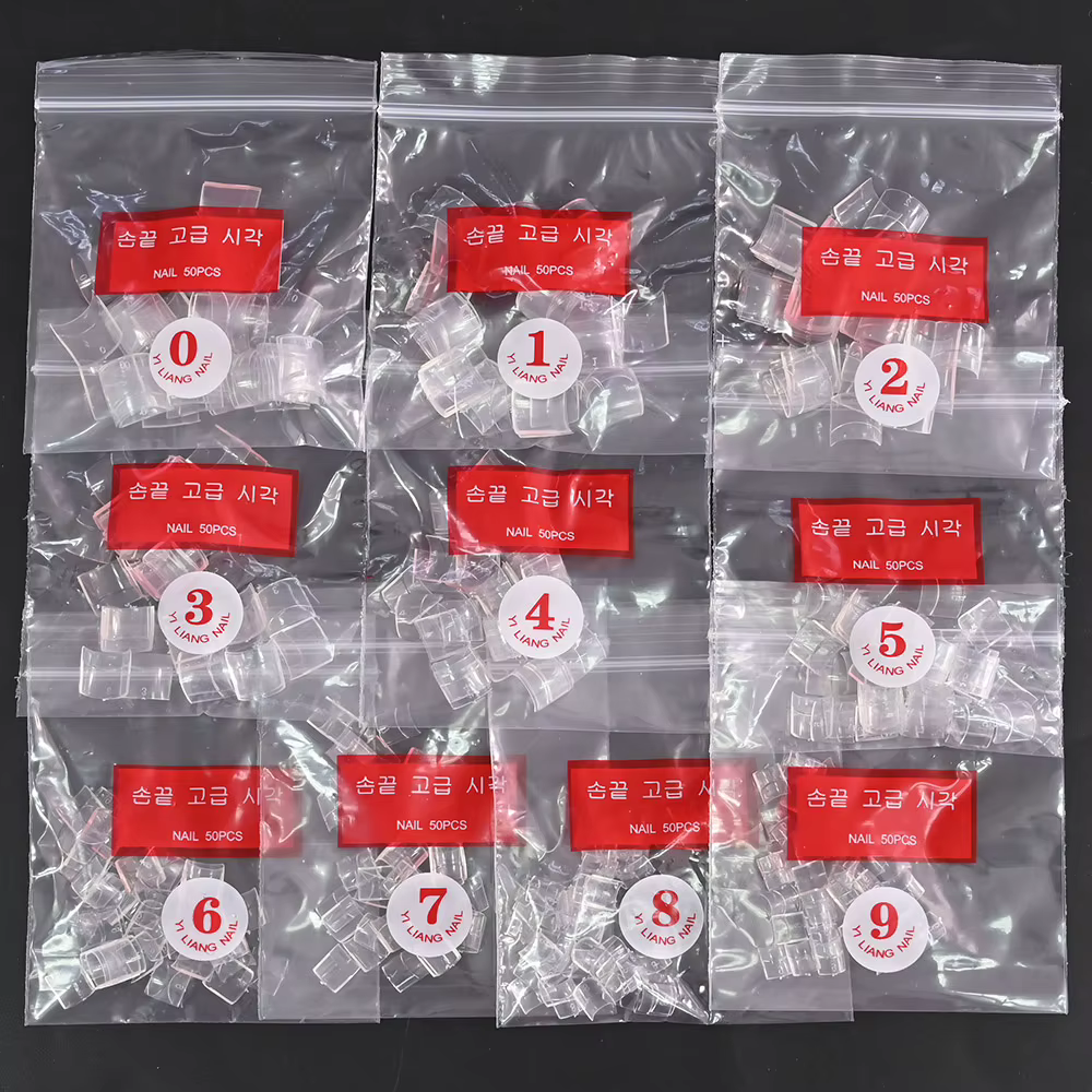 500 pièces/sac, faux ongles courts carrés, style French, demi-couverture, taille 10 (0-9), transpare