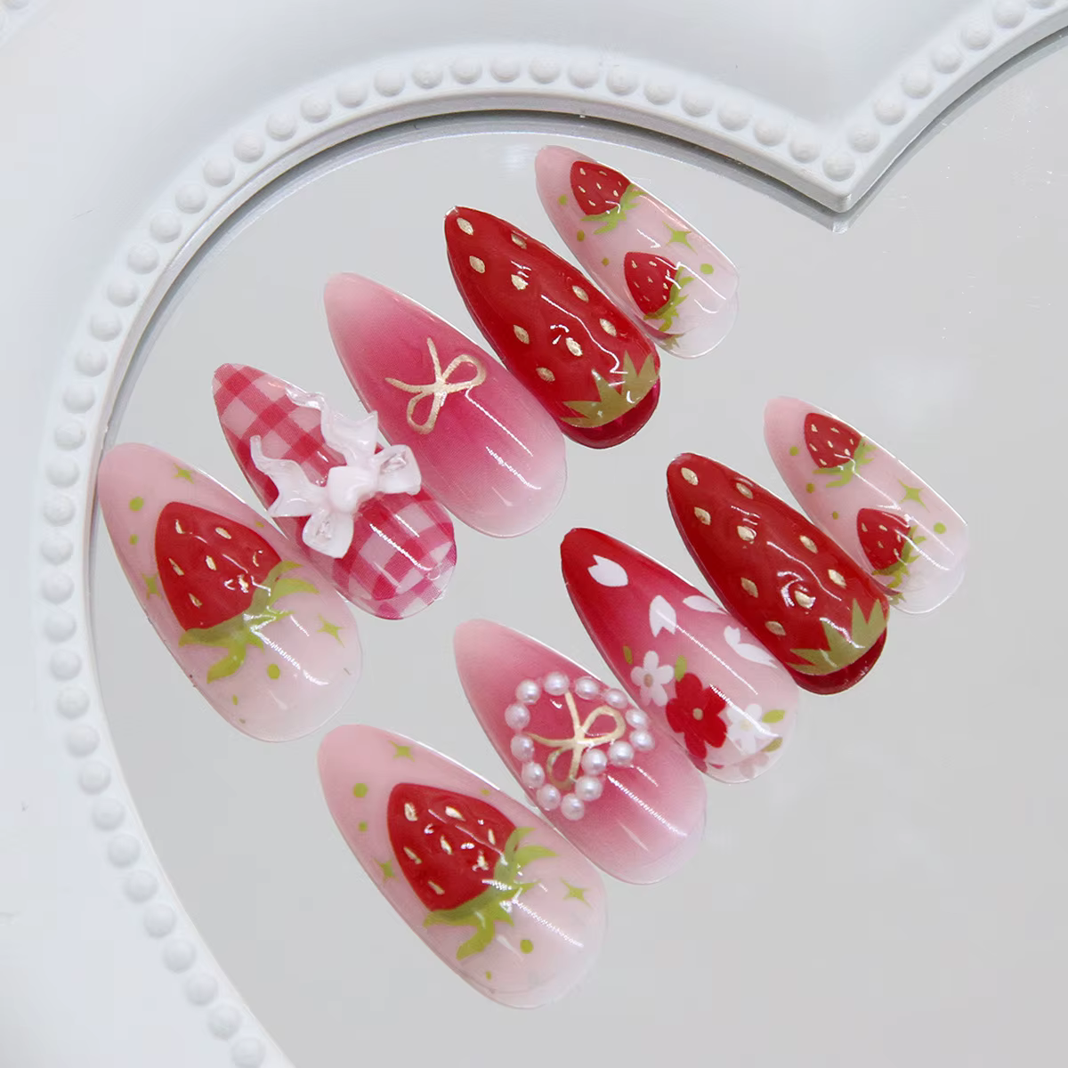 24 pièces Ins 3D nœuds papillon presse sur ongles doux fraise rose Plaid amande faux ongles avec coe