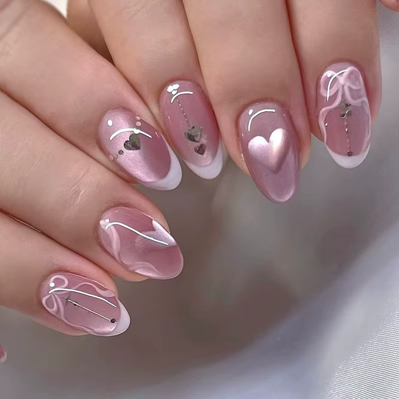 Faux ongles ovales mi-longs à pression en amande bleue, 24 pièces, avec perles 3D, pointes à motif d