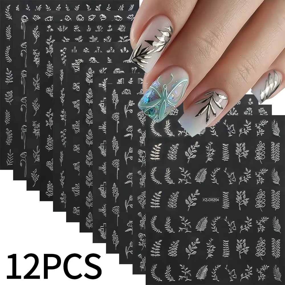 12 pièces/ensemble 3D feuille brillante fleur Nail Art autocollant Laer or bronzant feuilles ongles 