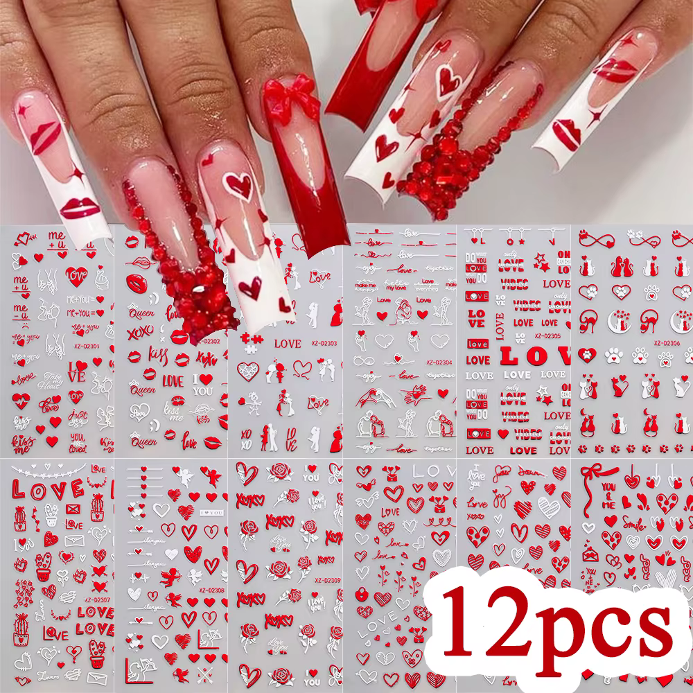 Ensemble d'autocollants pour ongles en forme de cœur rouge, saint-valentin, baiser 3D, lèvres rouges