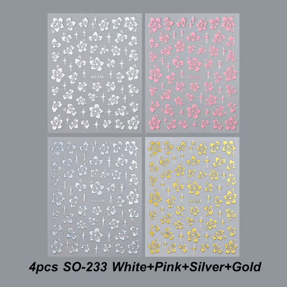 Autocollants 3D en forme de fleur d'hibiscus pour nail art, décalcomanies florales blanches, roses,
