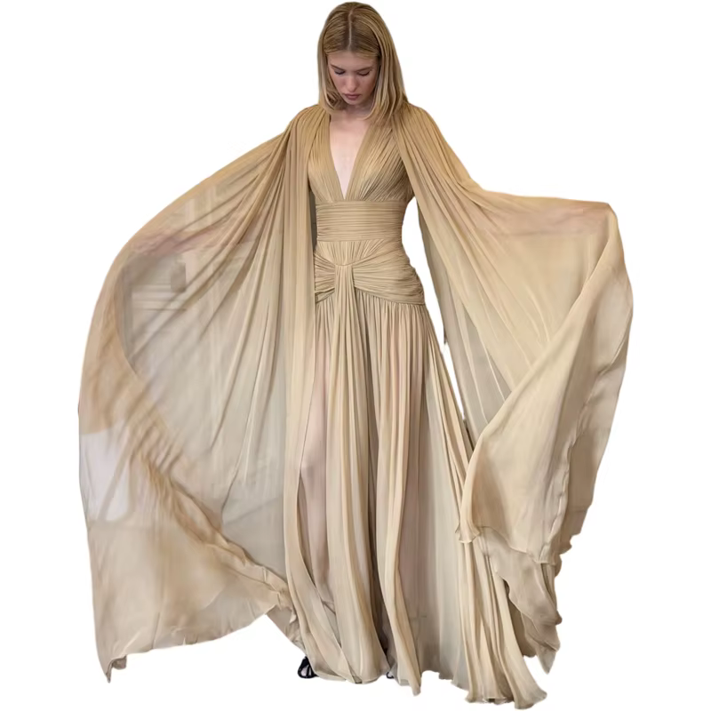 Sisterlinda Élégant Tendance Robe Femmes Plis Maille Cape Voir À Travers Ourlet v-Cou Gland De Maria