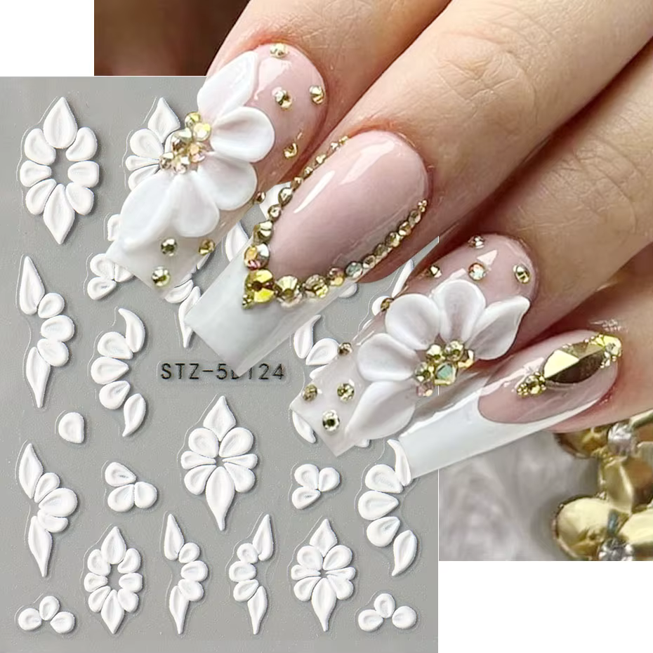 Autocollants pour ongles en forme de fleur en relief 5D, motifs élégants de pétales blancs, roses et