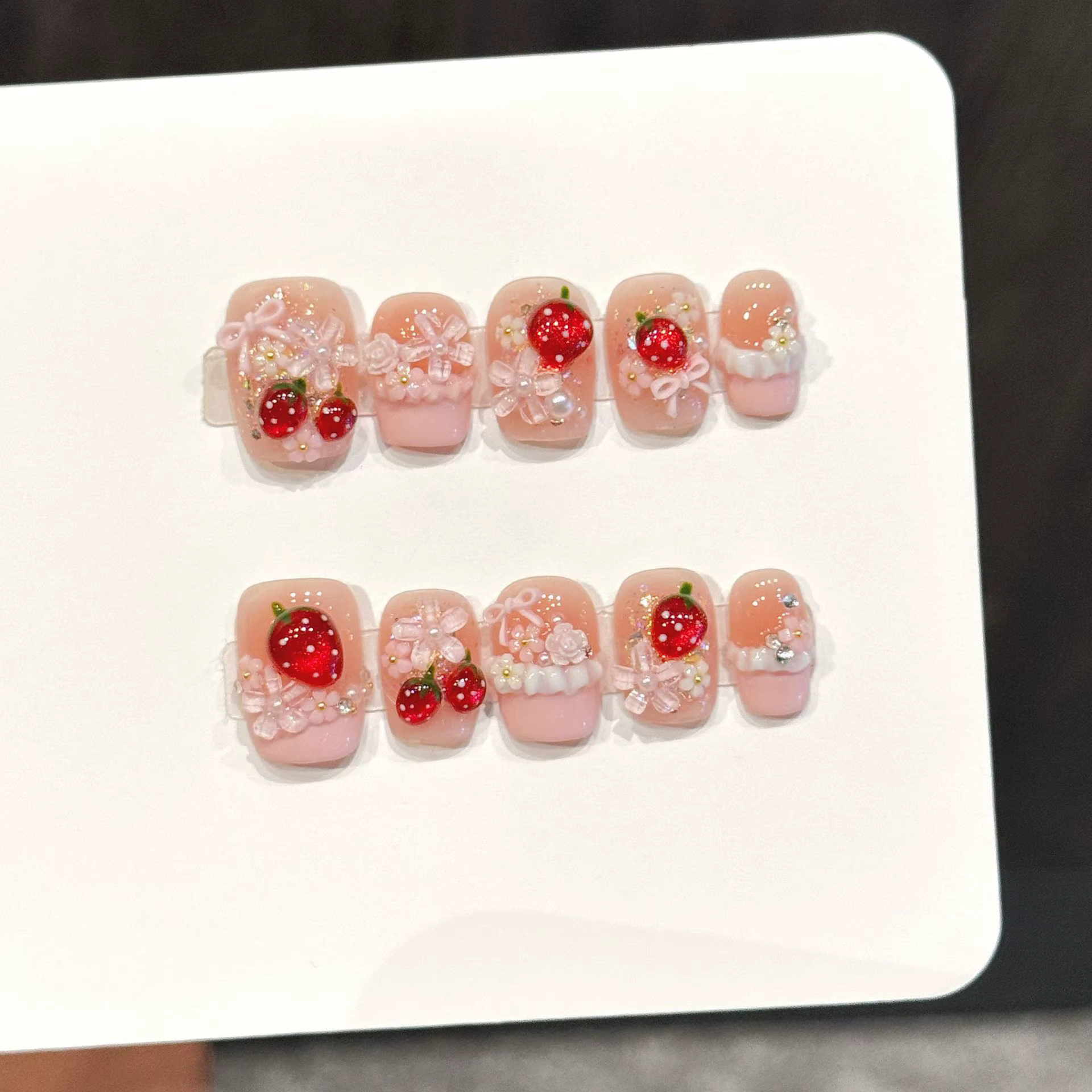 10 pièces mignon rouge fraise presse sur ongles rose nœuds papillon fleur perle décor français à la 