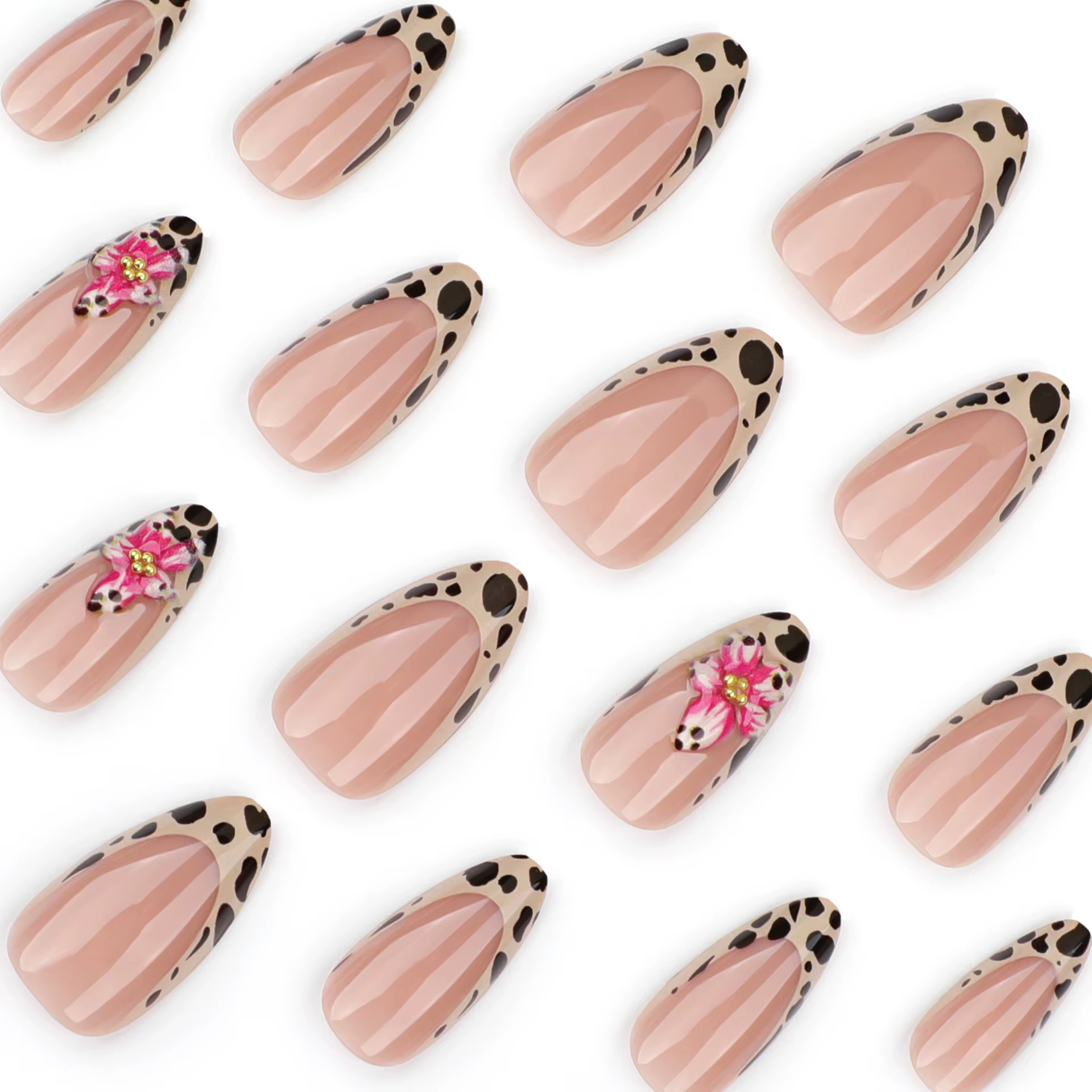 24 pièces marron français imprimé léopard presse sur ongles stéréo rose fleur conçoit automne faux o
