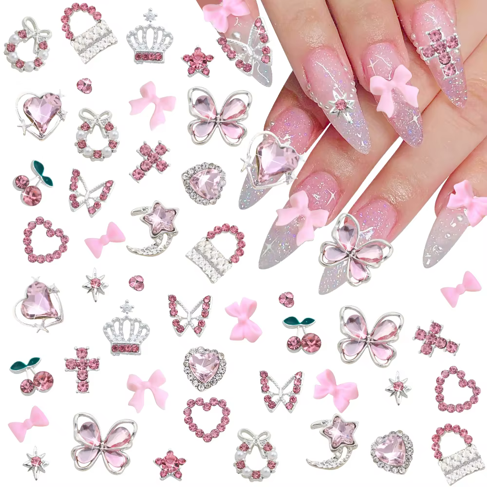 50/58 pièces mixte luxe rose cristal papillon/arc Y2k ongles breloques 3D métal argent alliage Nail