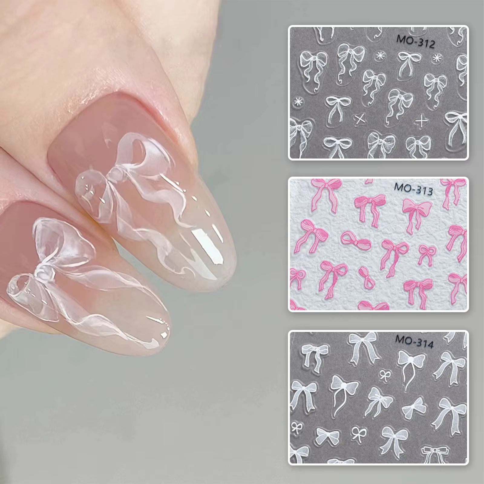 Autocollants pour ongles à nœud papillon, ruban blanc en Relief 3D, mignon, rose doux, autocollants 