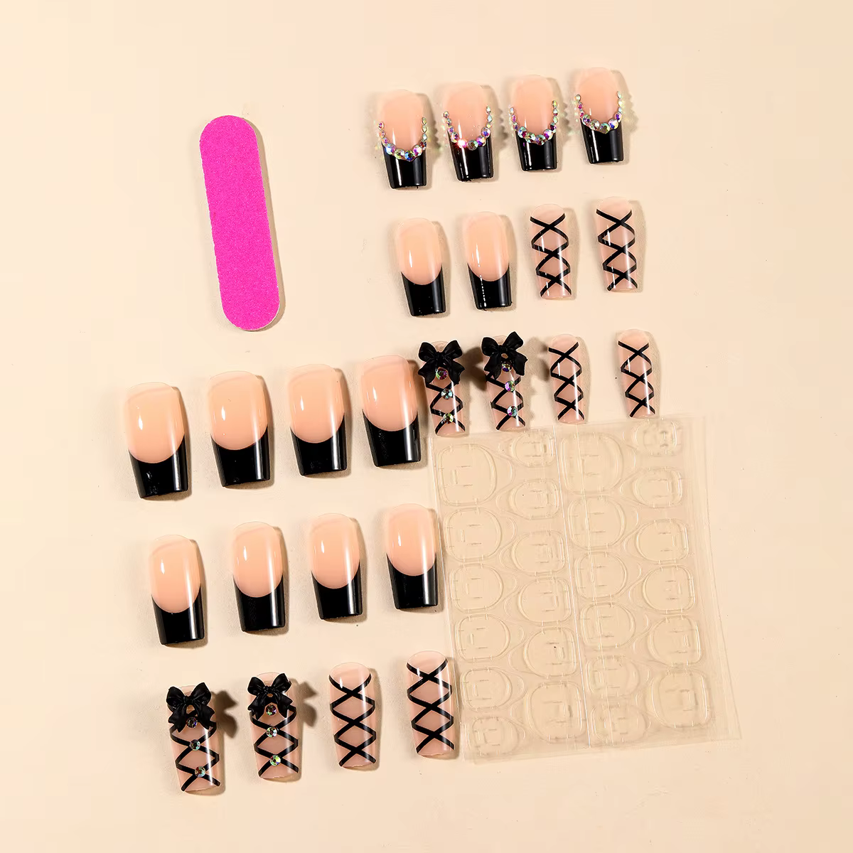 Faux ongles longs à pression pour Ballet, 24 pièces, sangle croisée noire, Style français, avec nœud
