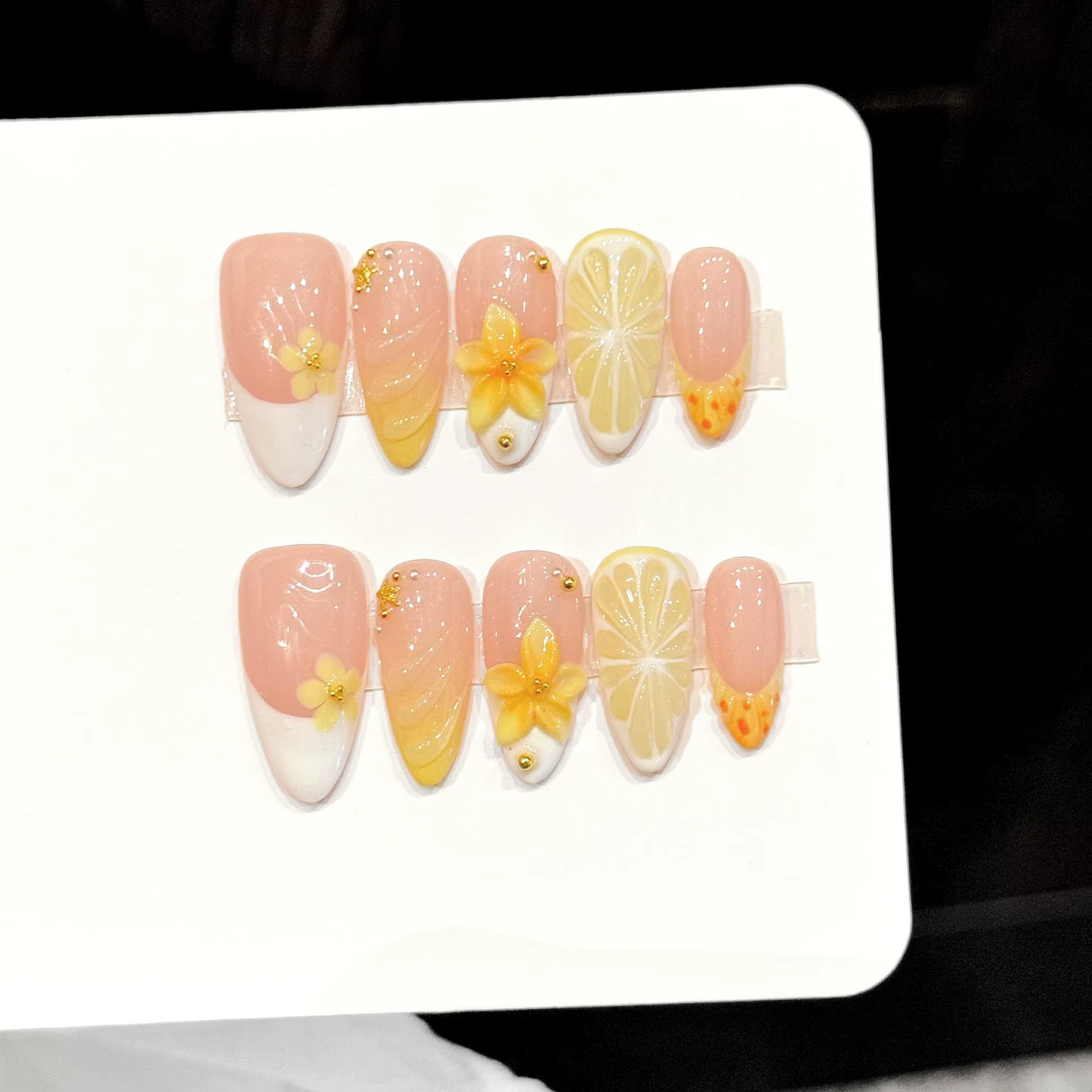 10 faux ongles en amande faits à la main, dégradé de jaune citron pur et frais, adaptés aux fêtes et
