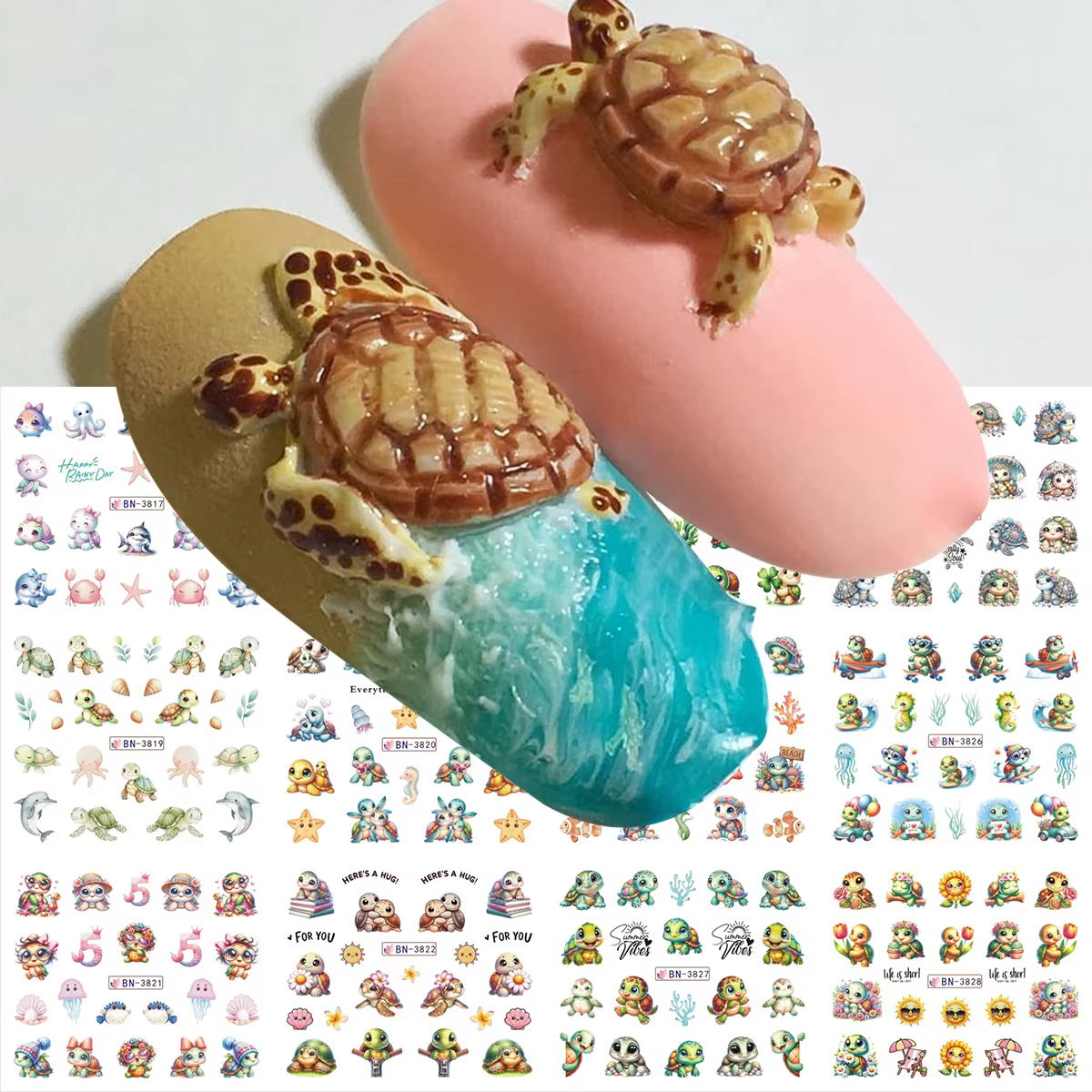 12 Motifs Adorables Tortues Marines Autocollants d'Été pour Ongles Dauphins Étoiles Thème Océan Déco
