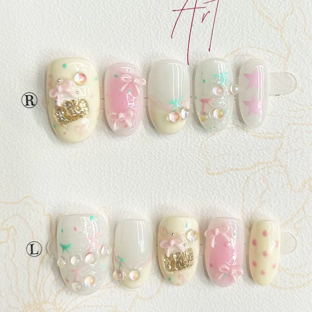 Collection de faux ongles à presser faits main, rose cerise, motif fromage, nœud et crème glacée, pe
