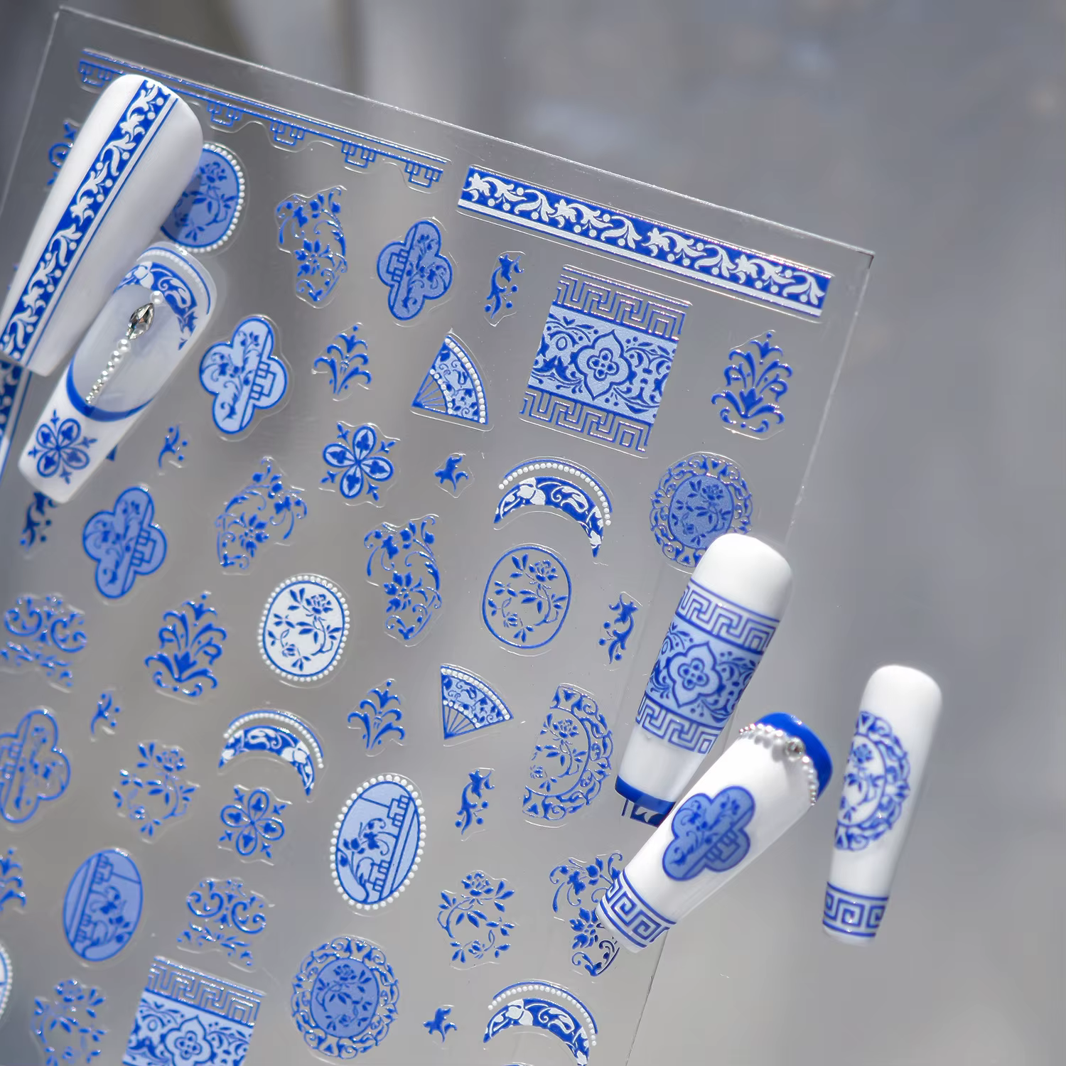 Autocollants pour Nail Art en porcelaine bleue et blanche sans trace, autocollants auto-adhésifs pou