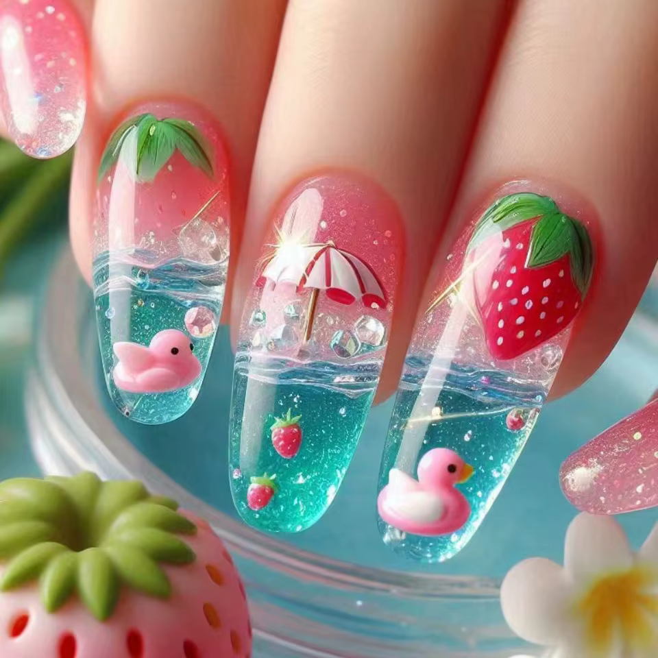 24 pièces/ensemble faux ongles mi-longs dégradé bleu océan poisson soleil fleurs papillon carré ball