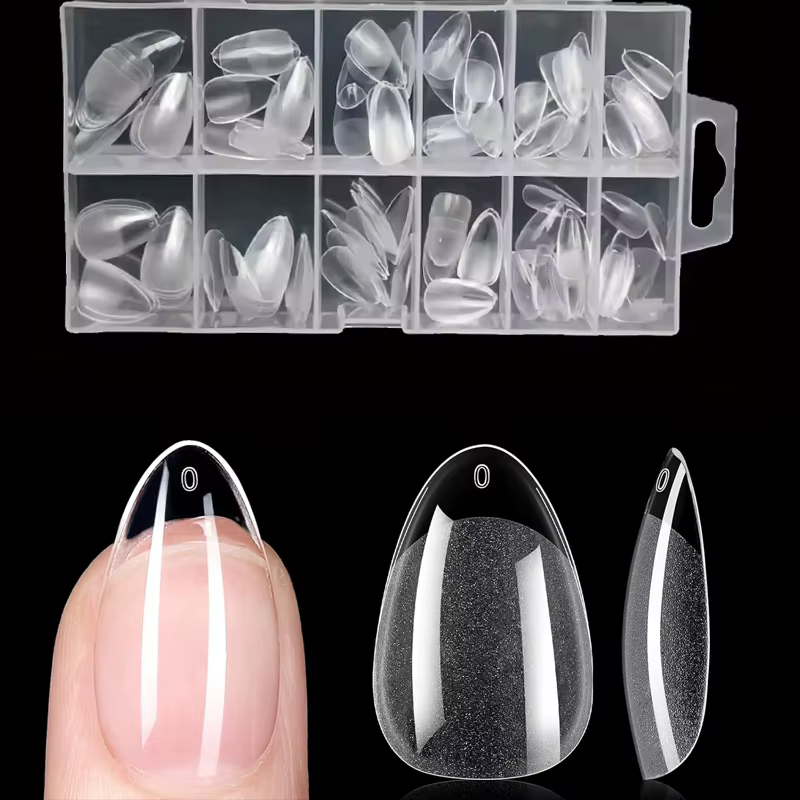 Pointes d'ongles ultra-courtes en forme d'amande, style X - 120 pièces, 12 tailles, acrylique transp