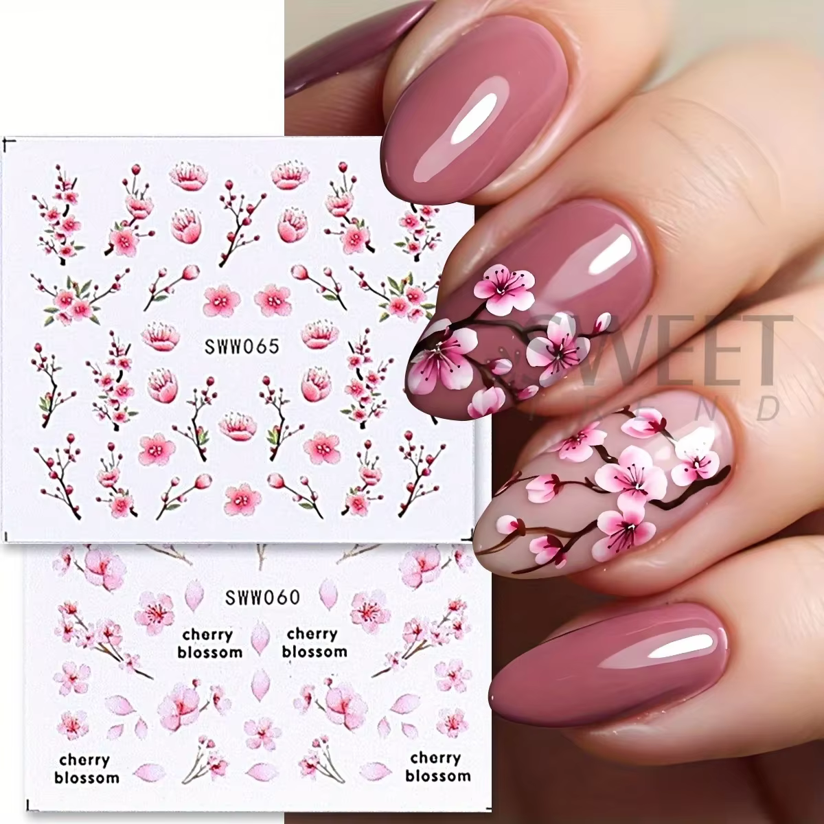 Autocollants à l'eau pour ongles, fleur de Sakura, fleurs de cerisier roses, feuille florale, concep