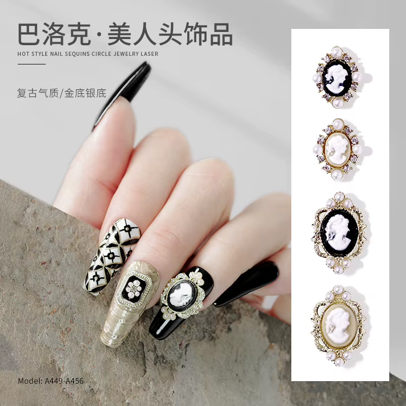 10 pièces rétro Baroque Gril Nail Art charme 3D gaufrage noir blanc fille tête décoration d'ongle or