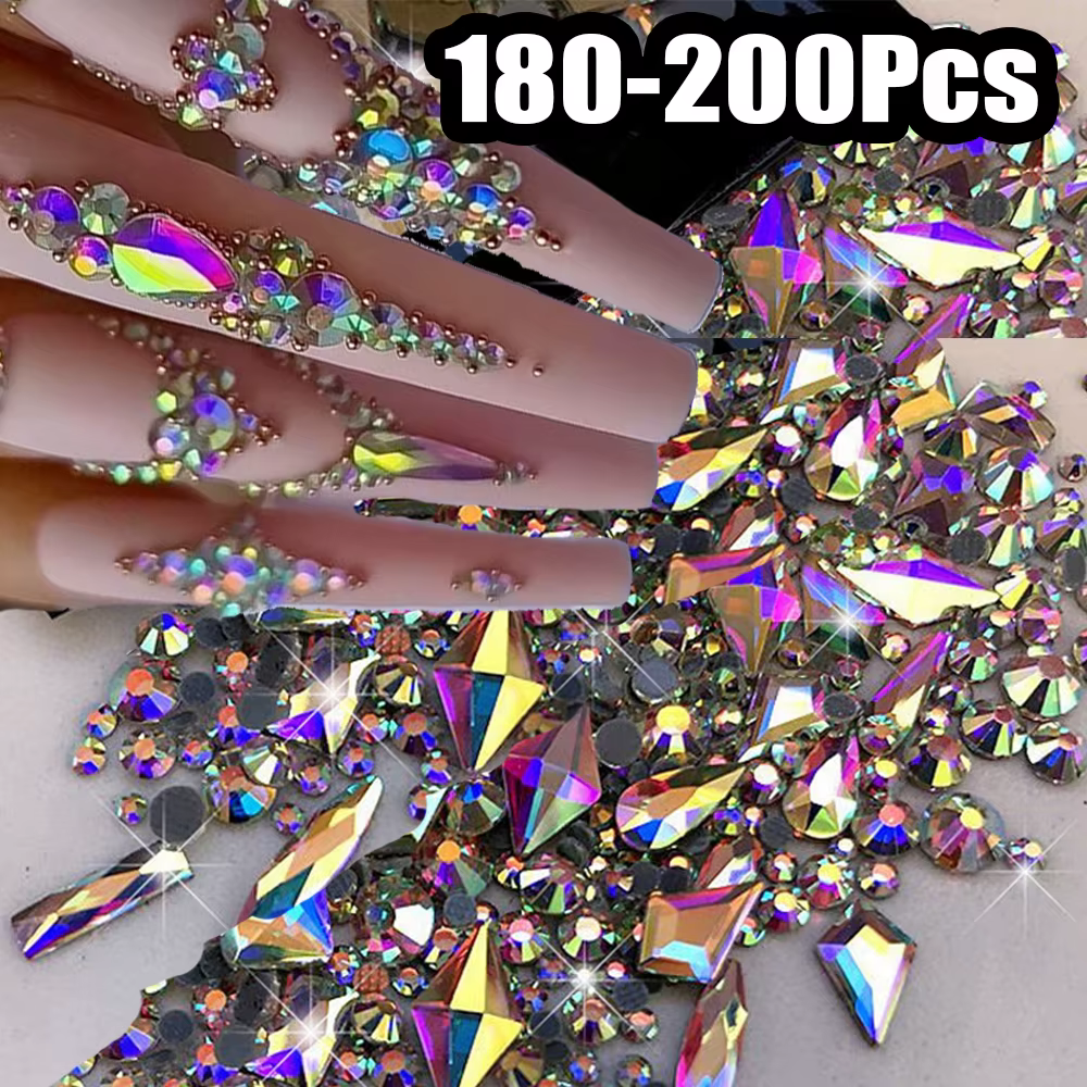 Strass pour ongles mixtes AB à dos plat, multi-formes AB/clair/rouge/or, cristal de luxe 9D SS3, Min