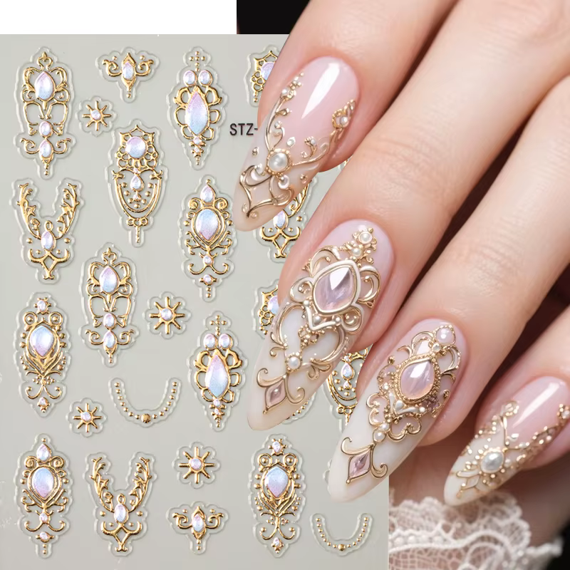 Autocollants de luxe en relief pour ongles, Style Baroque doré argenté, Y2K, motif métallique rétro
