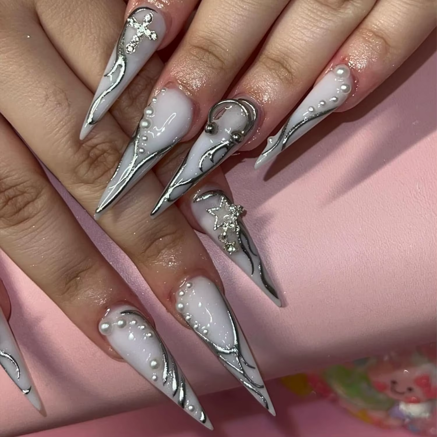 Breloques à ongles en alliage pour Nail Art, étoile argentée, planète, croix, décoration, charbon, b