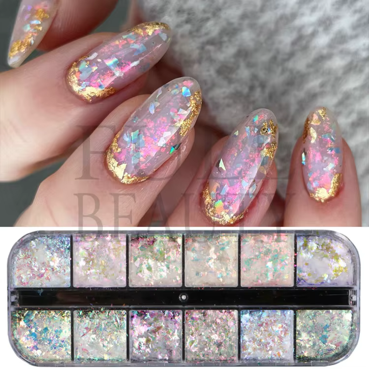 12 grilles irisées pour ongles, aurore, paillettes de cristal, flocons de feu, holographiques scinti