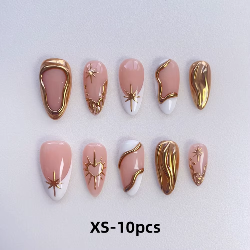 10 pièces/boîte Faux ongles à presser en acrylique, couvrance totale, dorés effet miroir, motifs éto