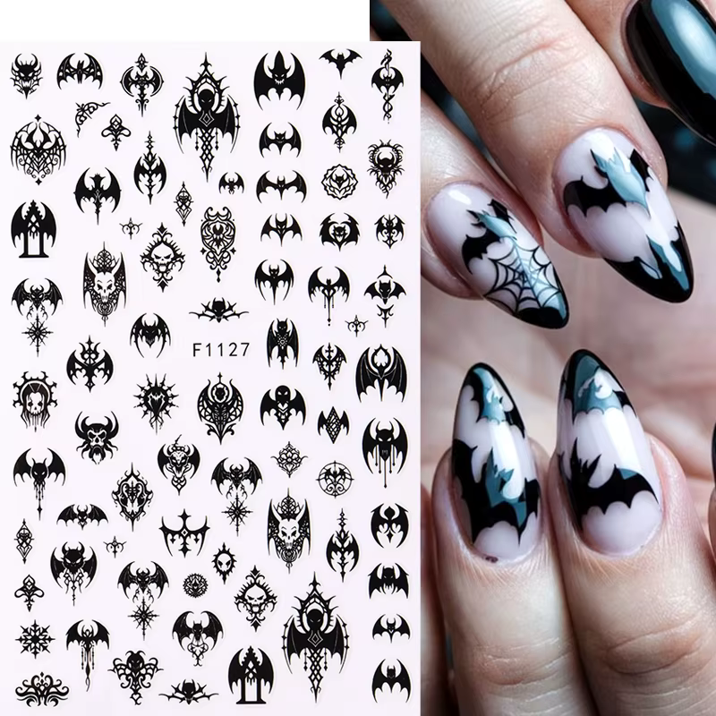 Autocollant gothique noir pour ongles, modèles élégants de mariage, feuilles adhésives effrayantes p