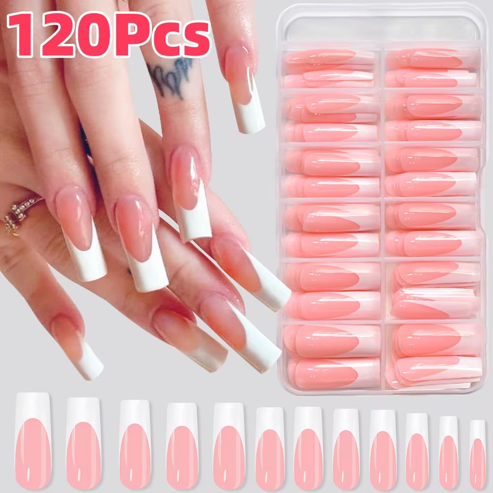 120/240 pièces de faux ongles longs forme ballerine à presser, 10 tailles assorties, rose brillant,