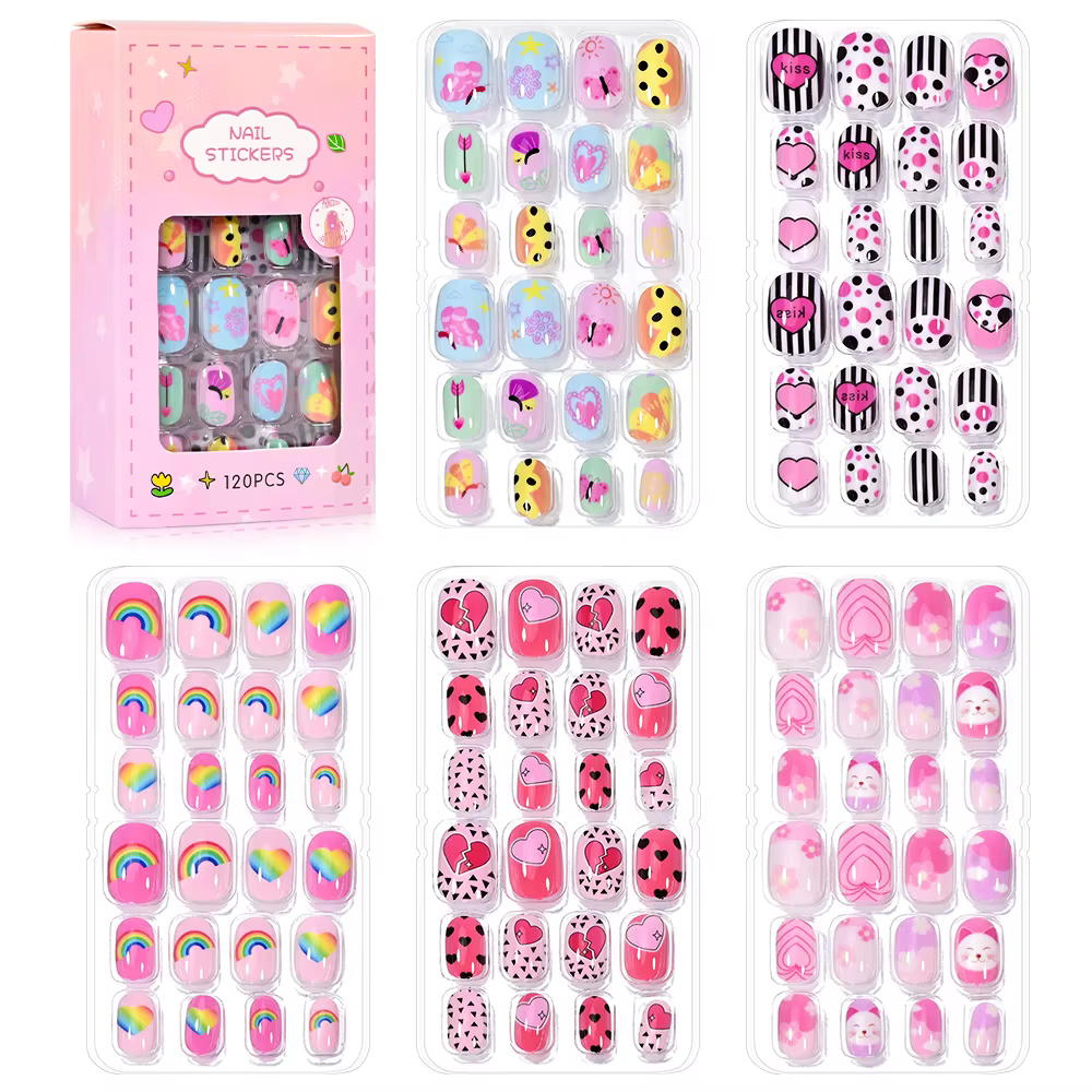 120 pièces/boîte dessin animé fille faux ongles conseils 5-12 ans mignon princesse chat/lapin/licorn