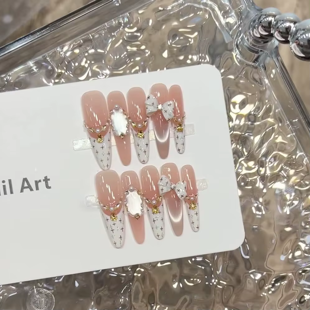 Faux ongles à pointe de Style français rose, 10 pièces, yeux de chat élégants faits à la main, à pre