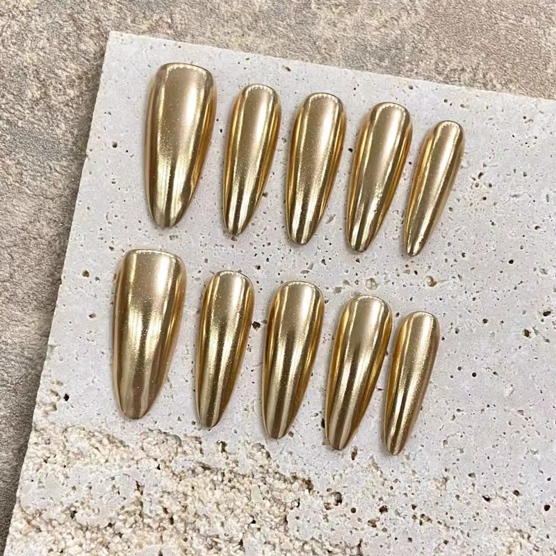 10 pièces longues amande or presse à la main sur les ongles acrylique faux ongles couverture complèt