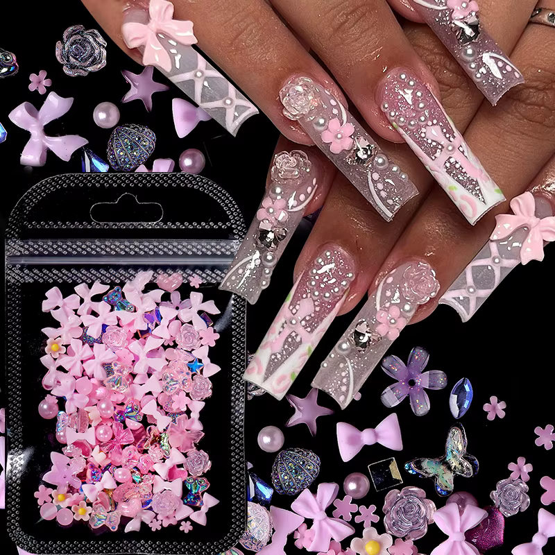 Mélange de ruban transparent en gelée colorée, 1 sac, breloques pour ongles, cœur, perles, fleur, pi