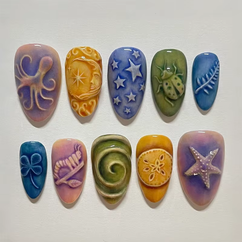 24 faux ongles à motifs anime, colorés, en forme d'amande, à presser, pour filles, mignons et portab