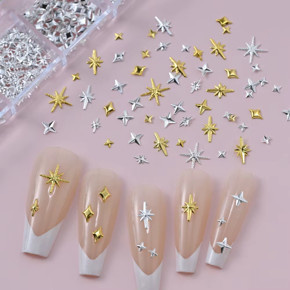 1000 pièces-12 grilles 3D or argent étoile/croix ongles Rivet goujons alliage métallique Starlight o