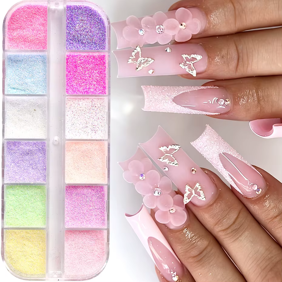 Poudre à ongles estivale 12 grilles, paillettes irisées rose/bleu/blanc/vert, pigment de poudre sabl