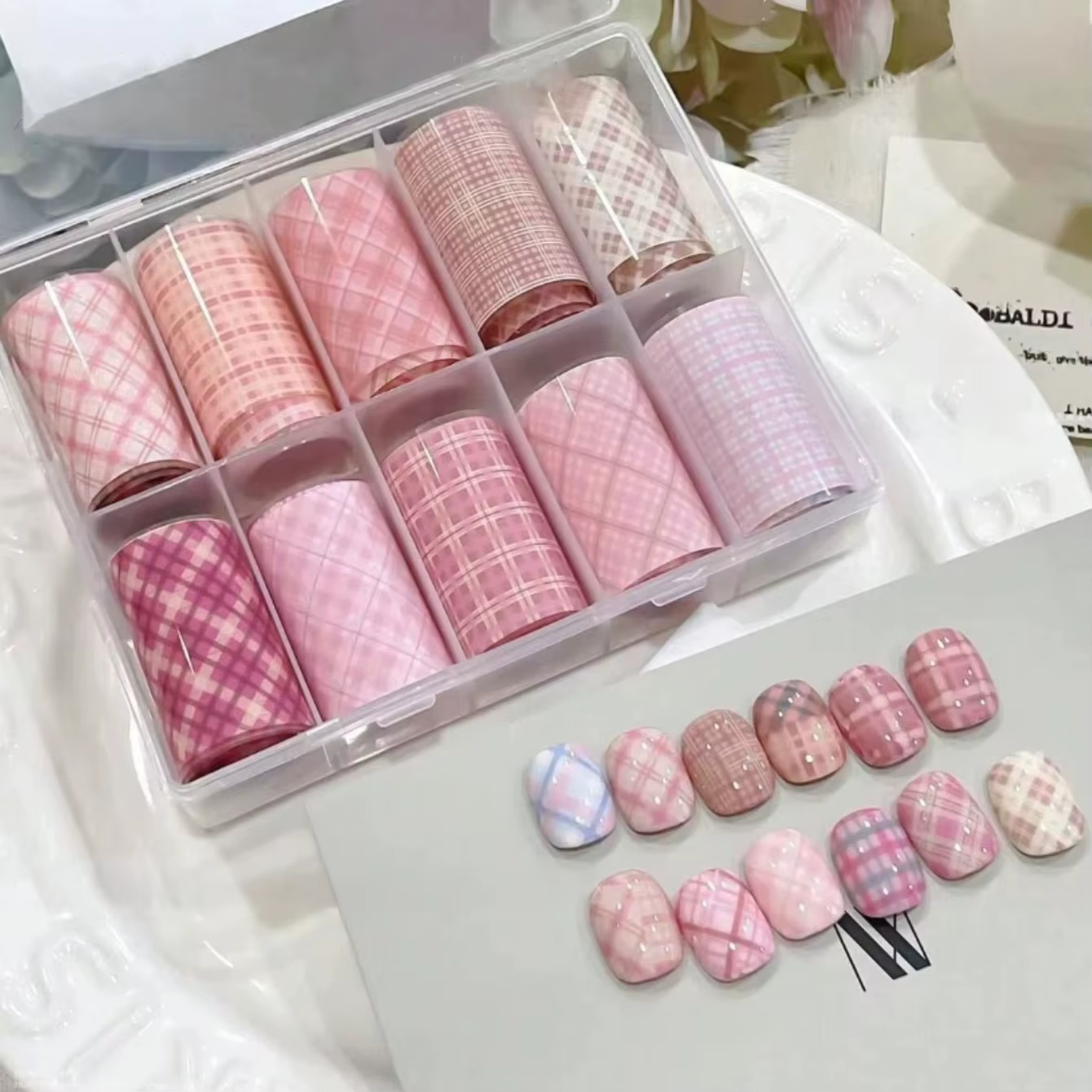 10 pièces Nail Art feuille transfert papier rose grille motif ongles estampage autocollants Sweety C